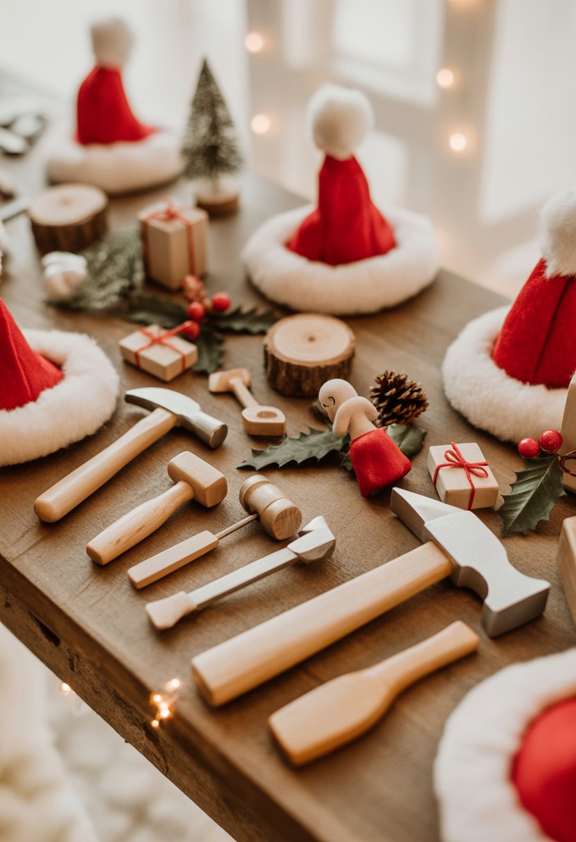 A miniature Santa's workshop scene with tiny tools and small red and white Santa hats arranged on a wooden table surrounded by Christmas decorations.